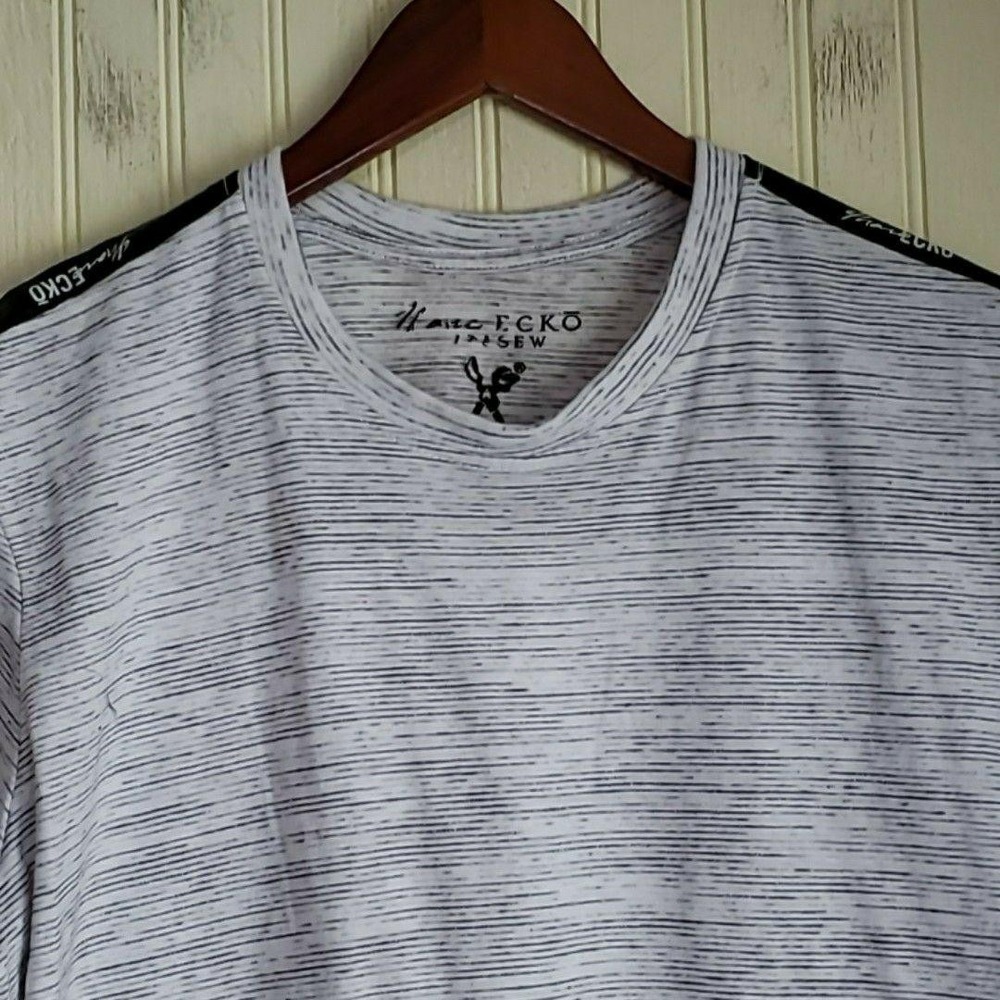 Marc Ecko Shirt Mens Medium Gray Striped Shoulder Logo Tape Tee NYC Tagless